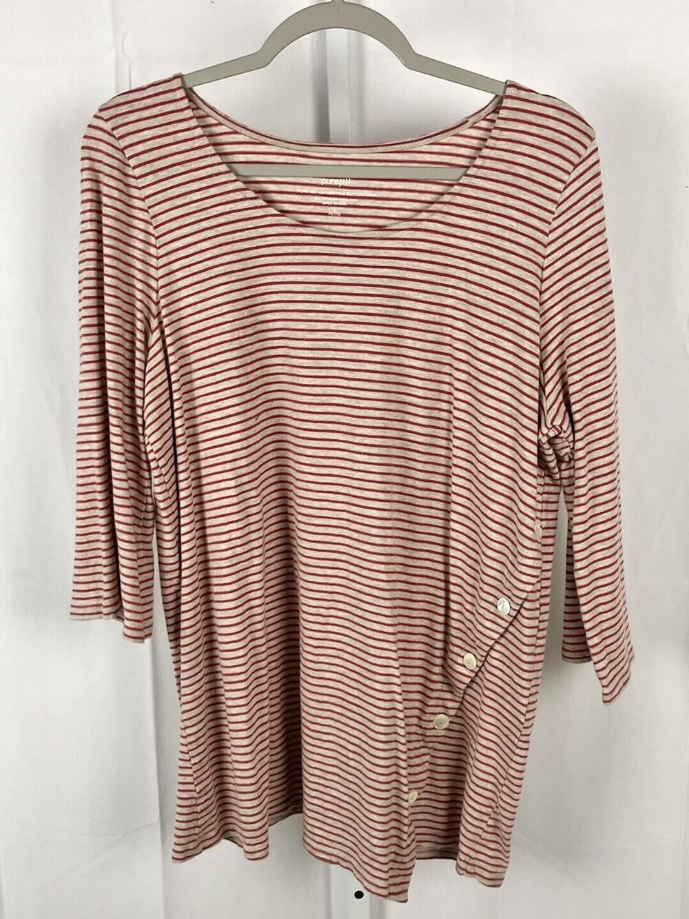 J. JILL Pure  Petite L PL Stripe Asymmetric Button Tunic Top 3/4 Sleeve Rust Tan